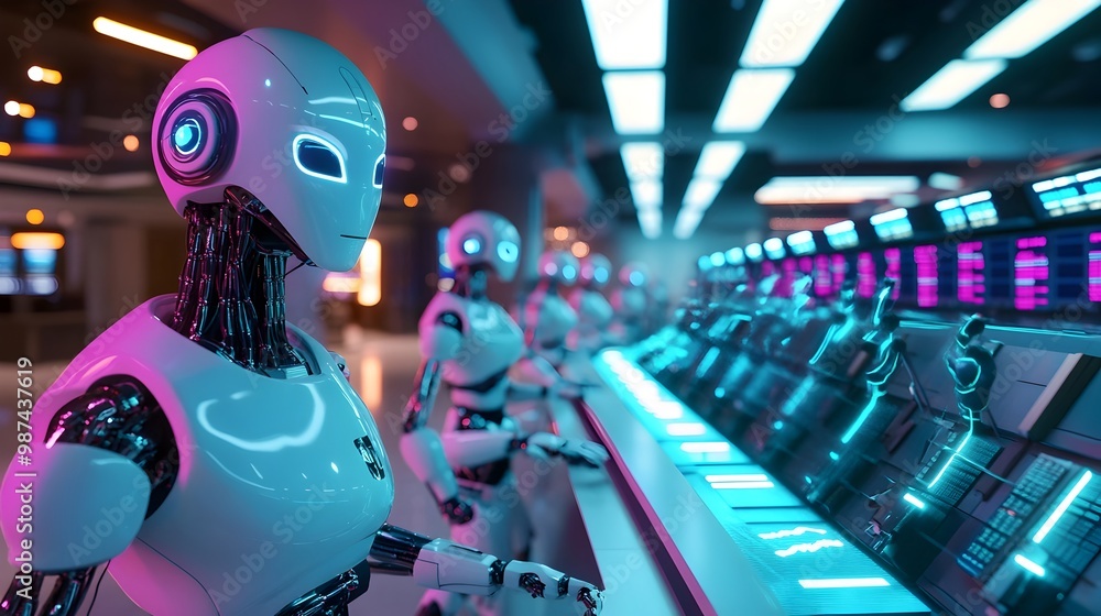Aufkleber robotic traders operating a high tech trading floor under the glow of neon lights in a futuristic ci