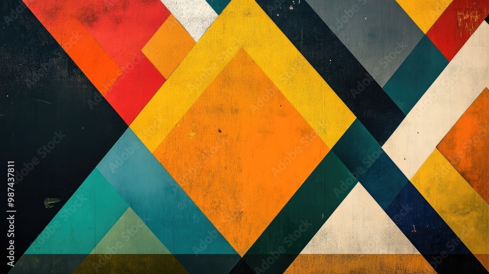 Poster geometric patterns using triadic color schemes, vibrant contrasting colors balanced in a dynamic des