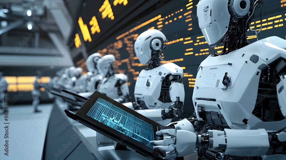 Poster robotic traders utilizing advanced tablet computers to navigate and analyze a futuristic highly digi