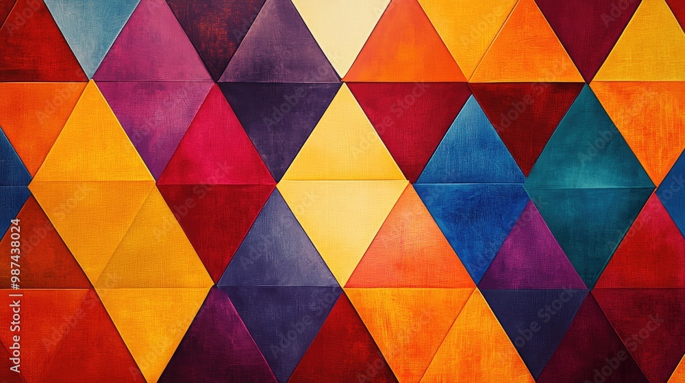 Poster geometric patterns using triadic color schemes, vibrant contrasting colors balanced in a dynamic des