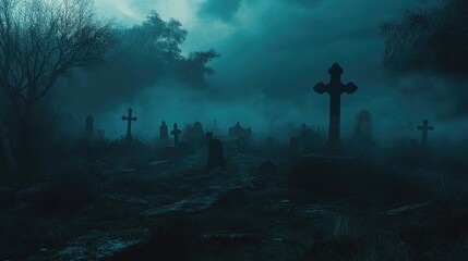 Haunted graveyard with ghostly apparitions and fog rolling in, setting the mood for Halloween spookiness.