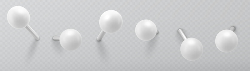 Set of push pins. Thumbtacks ready for your design. Different angle view. Vector illustration isolated on white background