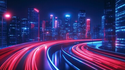 Fototapeta premium 3d rendering cityscape with red and light blue light trail on curve road. Concept city, downtown district, town at night with bright neon light. generative ai