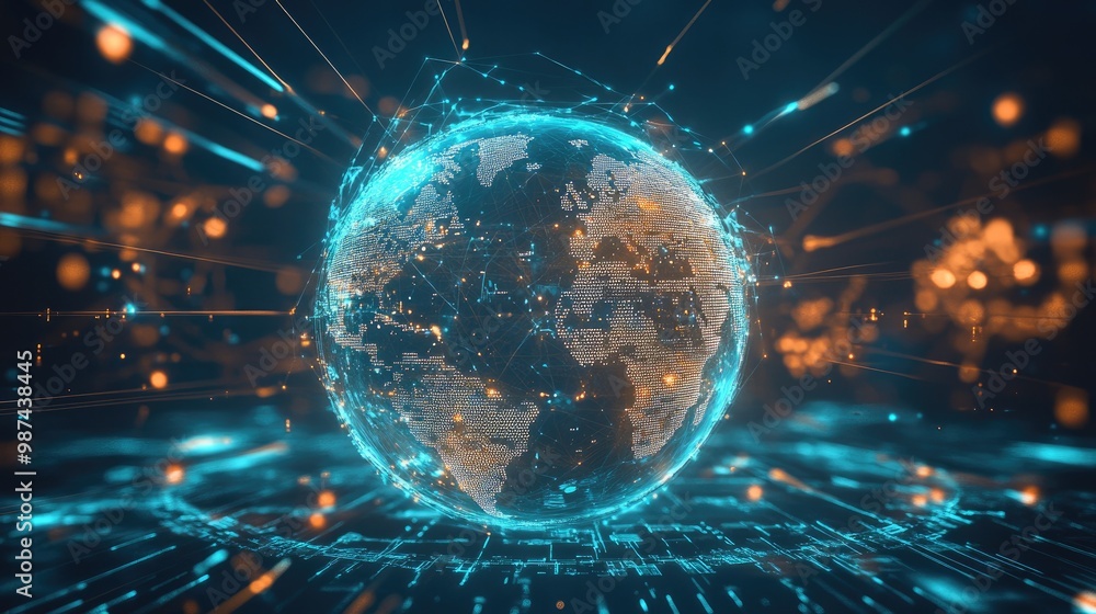 Poster holographic globe surrounded by protective layers of firewalls and encrypted data streams, represent