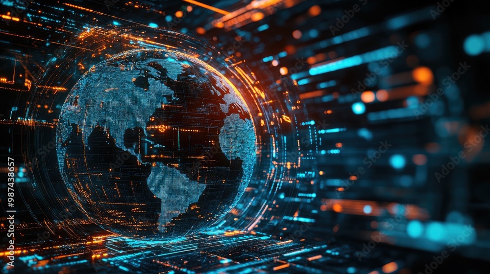 Poster holographic globe surrounded by protective layers of firewalls and encrypted data streams, represent