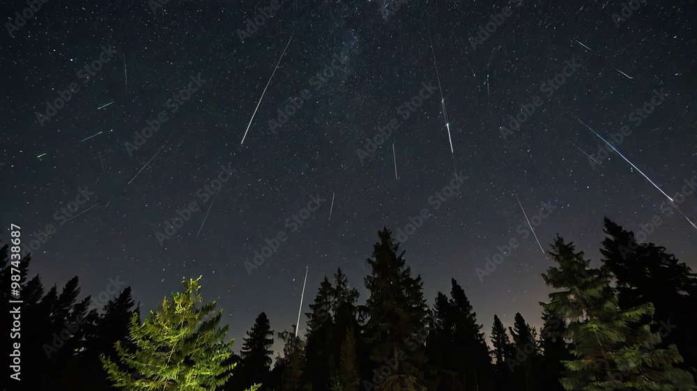 Wall mural meteor shower ,night photography ,realistic meteor ,ai gen