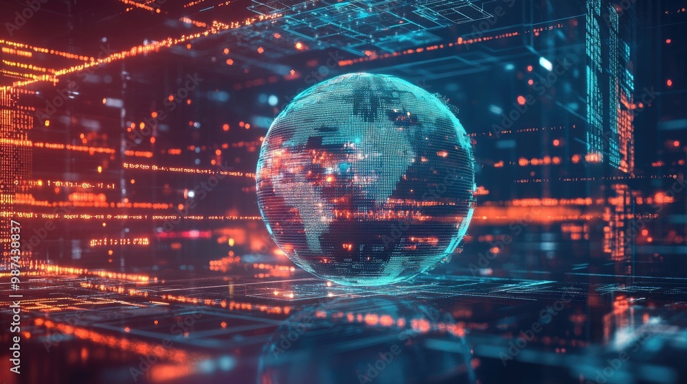 Poster holographic globe surrounded by protective layers of firewalls and encrypted data streams, represent