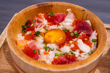Tokyo, Japan - APR 14, 2024:Tsukiji Japanese knotweed seafood Donburi (Japanese Sashimi Bowl 