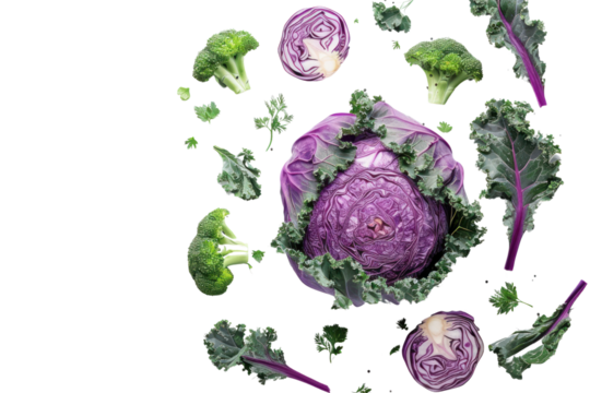 Modern purple cabbage, broccoli and kale. on a white background Show geometric shapes
