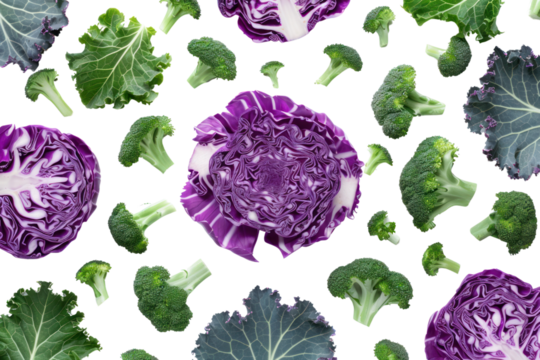 Modern purple cabbage, broccoli and kale. on a white background Show geometric shapes