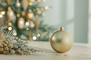 close up horizontal image of christmas decorations with lights and glittery golden ball, copy space