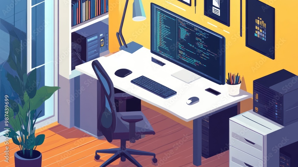Aufkleber Illustration of a home office setup with a worker using encrypted tools and a VPN for secure remote work.