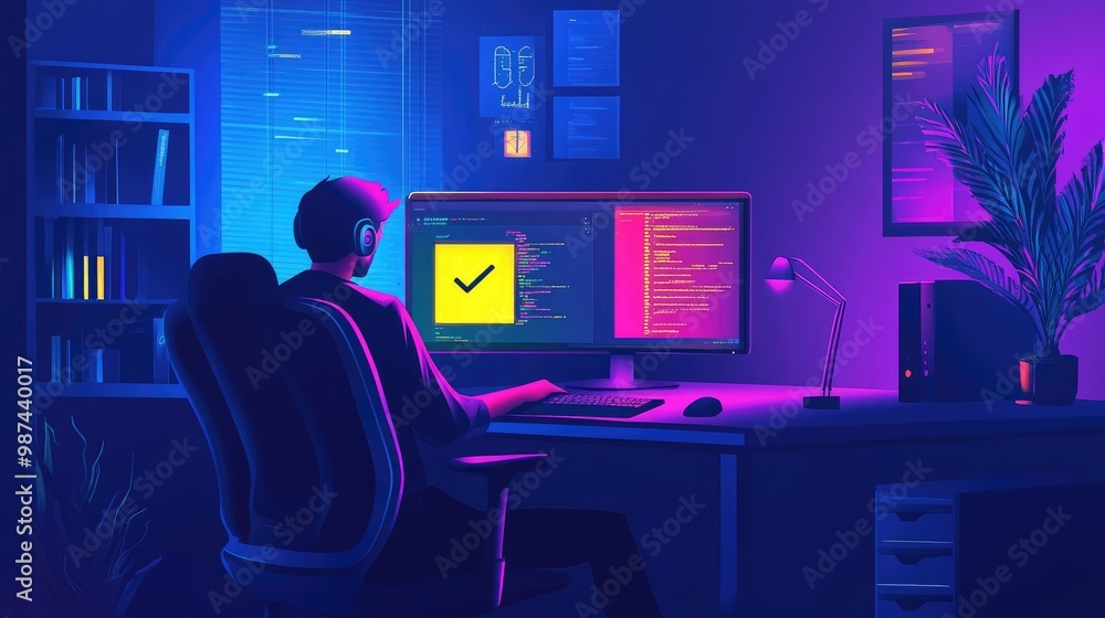 Aufkleber illustration of a home office setup with a worker using encrypted tools and a vpn for secure remote 