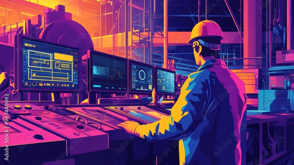 Poster illustration of a worker monitoring a precision-engineered production line in a vibrant, tetradic co