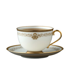 Elegant porcelain teacup with ornate gold design on a saucer, displayed on a transparent background for upscale dining and tea time concepts