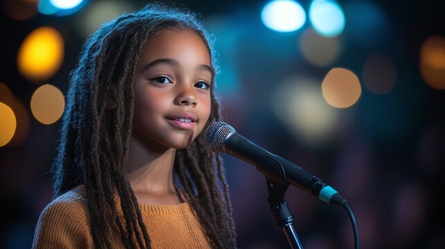 confident kid girl at the microphone on stage during a national spelling bee competition, spelling challenging words with precision in front of the audience