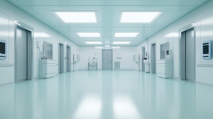 Obraz premium A sterile, modern hospital corridor featuring multiple doors and bright lighting, evoking a sense of cleanliness and order.