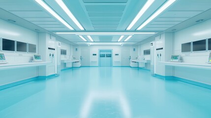 Obraz premium A modern, sterile hospital room characterized by white walls, bright lighting, and a clean, blue floor, creating a clinical atmosphere.