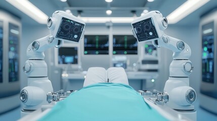 A modern surgical room featuring robotic arms poised above an operating table, showcasing advanced medical technology in a clinical environment.