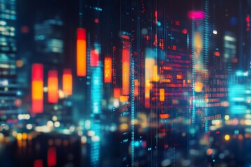 Obraz premium Abstract falling candlestick forex graph and dollar on blurry city wallpaper. Crisis and finance concept. generative ai