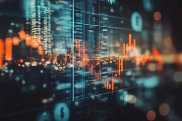 Abstract falling candlestick forex graph and dollar on blurry city wallpaper. Crisis and finance concept. generative ai