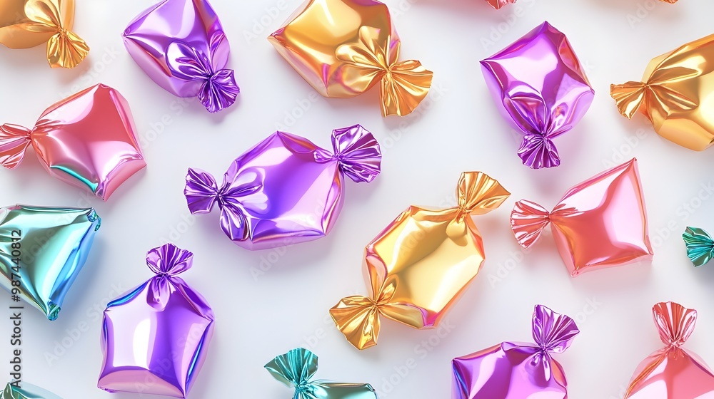 Aufkleber shiny metallic candy wrappers in various vibrant colors and geometric shapes arranged in a flat desi