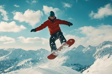 Snowboarder mid-air against snowy mountains