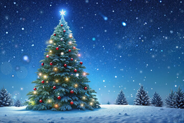 Fototapeta premium Christmas tree under a starry sky, glowing lights in winter night