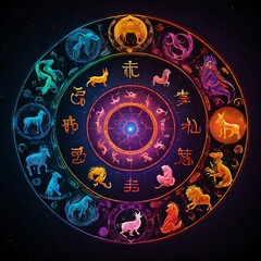 Colorful Circle of Twelve Zodiac Signs