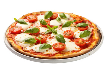 Margherita pizza, thin crispy crust, fresh tomatoes and basil, isolated on white background