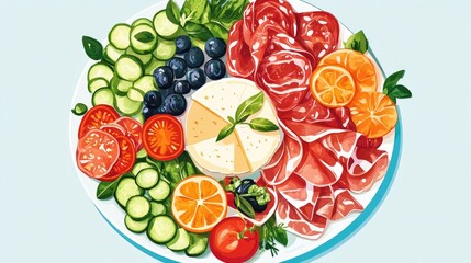 Naklejka premium Italian antipasto platter with prosciutto, cheese, and vegetables, shown in flat design with vibrant triadic colors.