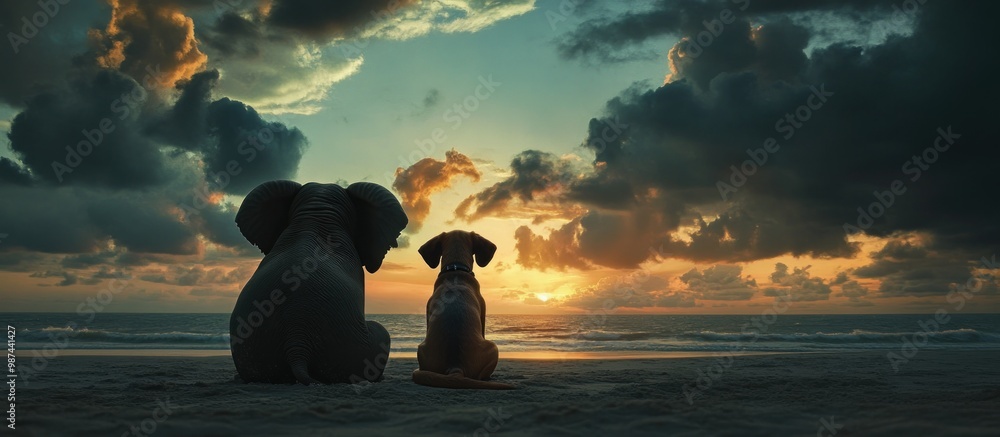 Canvas Prints elephant and dog at sunset