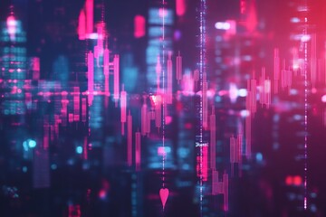 Abstract falling candlestick forex graph and dollar on blurry city wallpaper. Crisis and finance concept. generative ai