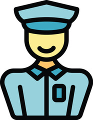 Smiling police officer wearing uniform and a hat icon, simple style