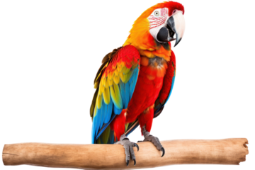 Macaw parrot perched on a wooden perch on a white background. Showing brightly colored feathers