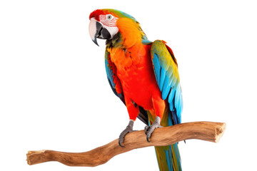 Fototapeta premium Macaw parrot perched on a wooden perch on a white background. Showing brightly colored feathers