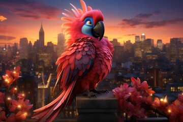 Captivating Professional Photo of a highly detailed macaw with a bright tail on a rooftop, stunning the city view at the same time as the sun rises and the lights twinkle below the beautiful city