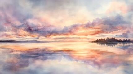 Stunning watercolor painting of a serene sunset over a calm lake, showcasing vibrant colors and peaceful natural beauty.