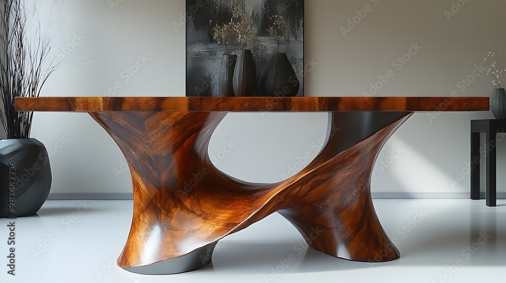 Poster sleek and sophisticated 3d rendered image of a modern dining table with a wooden top and metal base 