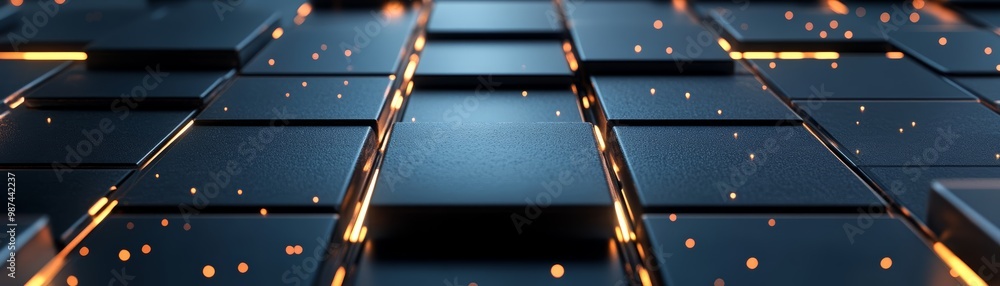 Poster futuristic tiles with a glossy surface, illuminated by glowing lights, create an abstract pattern fo