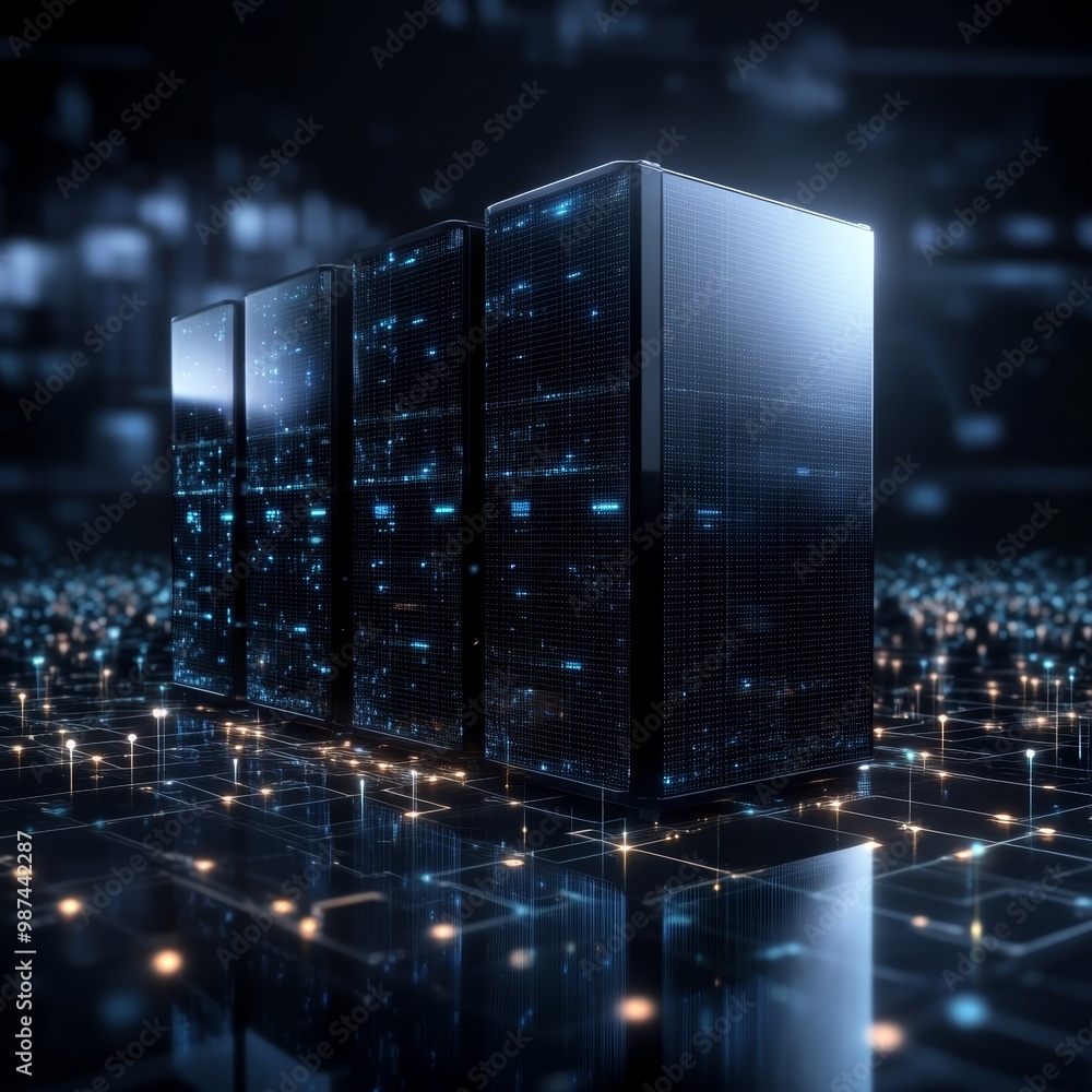 Poster futuristic data center with servers illuminated by blue lights, representing technology and digital 