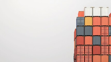 Fototapeta premium A stack of colorful shipping containers against a pale backdrop, highlighting the logistics and transportation industry, Transport and logistic concept.