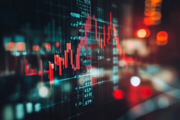 Abstract falling candlestick forex graph and dollar on blurry city wallpaper. Crisis and finance concept. generative ai