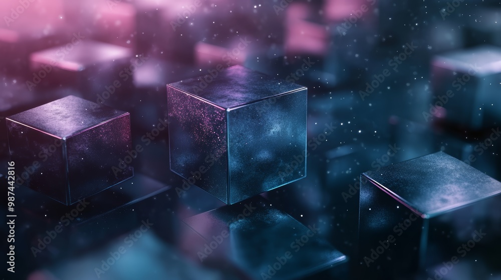 Poster abstract composition of glowing cubes in a dreamlike space, blending vibrant colors with a sense of 