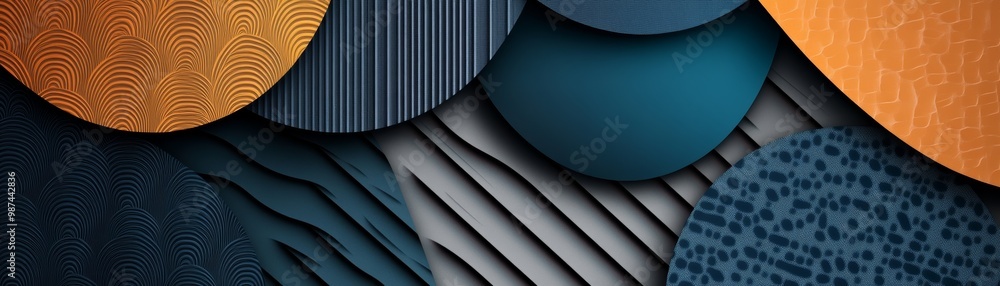 Poster abstract composition featuring layered geometric shapes in diverse textures and colors, creating a m