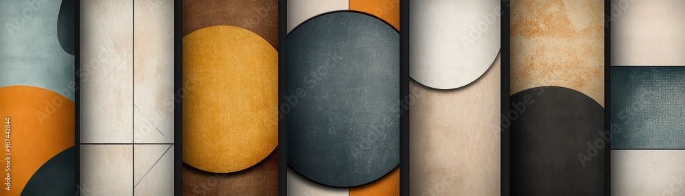 Poster abstract composition featuring circular shapes and textures in various colors, ideal for modern desi