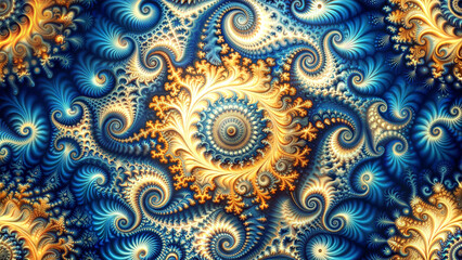 Intricate Fractal Pattern in Blue and Gold with Hypnotic Spiral Design, High Resolution
