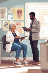 Fototapeta premium A doctor and patient engage in discussion in a medical office setting.
