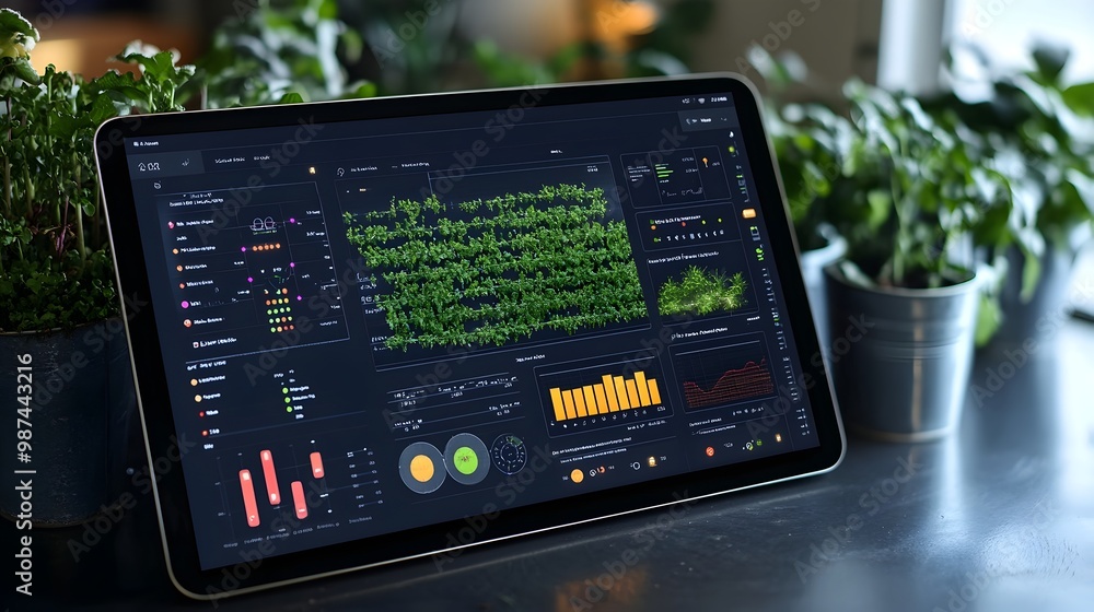 Poster smart agriculture dashboard on tablet displaying crop weather and resource usage data