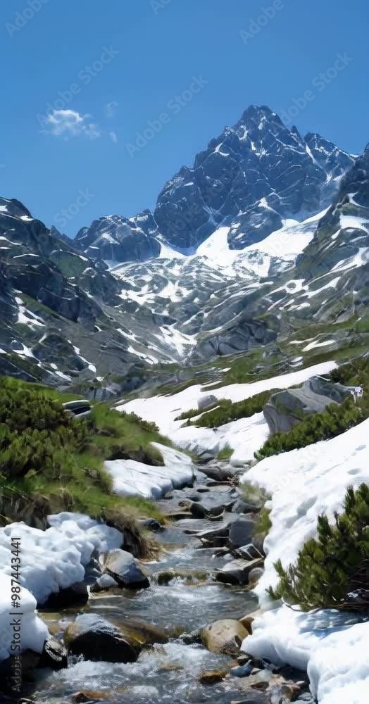 Poster a mountain range with a snow covered peak and a stream of water running through it. the scene is pea
